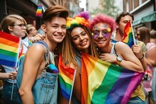 Group Of Friends Smiling Queer LGBTQIA  LGBT People Walking In The Street During The Gaypride Pride, They Look Fierce And Confident, Enhanced And Reworked Ai Generated Scene With Not Real Models