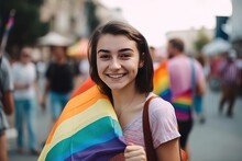 Beautiful Young Woman Smiling Queer LGBTQIA  LGBT People Walking In The Street During The Gaypride Pride, They Look Fierce And Confident, Enhanced And Reworked Ai Generated Scene With Not Real Models