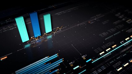 Fototapete - Business stock market, trading, info graphic with animated graphs, charts and data numbers insight analysis to be shown on monitor display screen for business meeting mock up theme