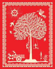 Wall Mural - Kids playing in village it's real fun and enjoyment showing in Warli painting.  Bull car, Tree, bird real life shown in Warli painting. Modern Paintings, Wallpaper illustration Vector warli art.