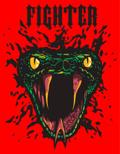 Snake Attacks, Fangs And Yellow Eyes, Inscription - Fighter, Vector Illustratin, Design For T-Shirt, Clothes, Logo, Tattoo And Other Uses