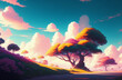 Illustration of a serene landscape with tall trees and fluffy clouds in the sky created with Generative AI technology