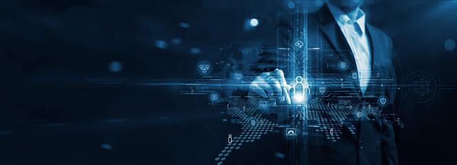 Leinwandbilder - Businessman Drawing Client Network Structure Growing On Network, Customer retention and acquiring new customers expansion globally. Maintain strong customer royalty, and marketing strategy.