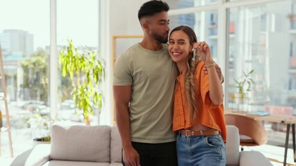 Sticker - Face, keys and couple moving into new house together, happy and excited for beginning in real estate. Portrait, love and man with woman embrace in living room, cheerful and smile in their home