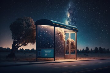 Canvas Print - a bus stop, with the lights of passing cars and buses illuminating the night sky, created with generative ai