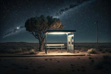 Sticker - a deserted bus stop under a starry sky, with an empty bench and a trash can, created with generative ai