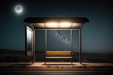 Poster - empty bus stop at night, with view of the moon and stars in the sky, created with generative ai