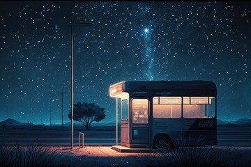 Canvas Print - nighttime bus stop, with the glow of city lights and starry sky above, created with generative ai