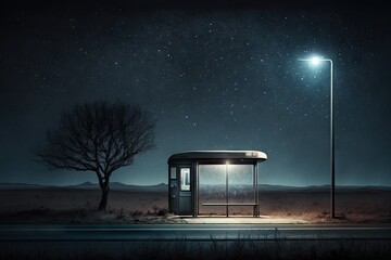 Sticker - a lonely bus stop, with only a flickering street lamp in the distance and stars shining above, created with generative ai