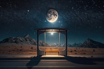 Sticker - bus stop, with view of the moon and stars, at night, created with generative ai