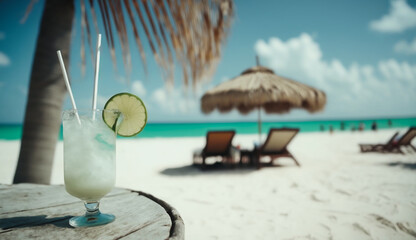 relax on the beach, refreshing cocktail with a straw on the table, against the backdrop of the ocean, beach and palm trees
