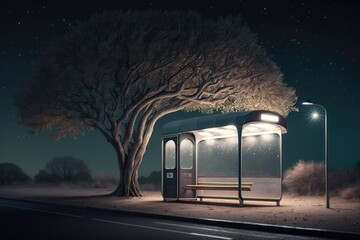 Canvas Print - empty bus stop at night with moonlight shining through the trees and illuminating the scene, created with generative ai