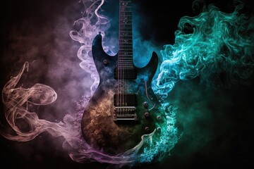 Sticker - electric guitar being played in a dark and mysterious setting, with smoke and lighting effects, created with generative ai