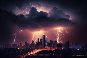 Canvas Print - dramtic thunderstorm over city skyline, with lightning and rain, created with generative ai