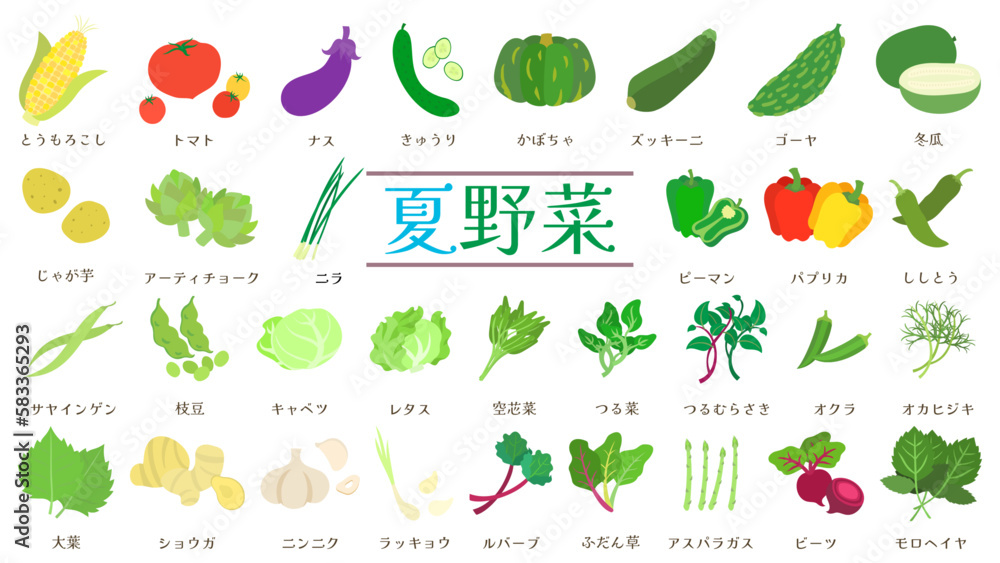 夏野菜のイラストセット。フラットなベクターイラスト。 Illustration