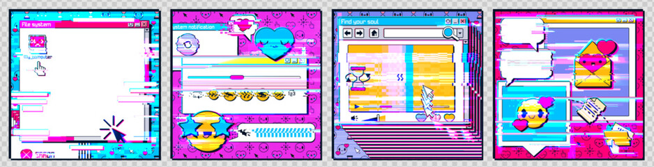 Wall Mural - social media posts with retro computer interface with glitch effect. abstract posters templates with