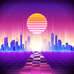 Wall Mural - 80s Retro Sci-Fi Background with Night City Skyline. Vector futuristic synth retro wave illustration in 1980s posters style. Suitable for any print design in 80s style