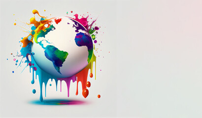 Earth day world globe banner, splash colors, horizontal with copy space on white background. Generative AI illustration