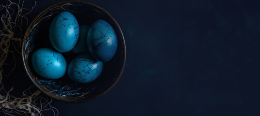 Wall Mural - Easter egg banner background, dark blue decorated eggs in a bowl, copy space on the right. Generative AI