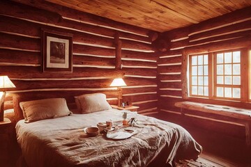 Canvas Print - Cozy country bedroom with large bed and breakfast on it., created with generative ai