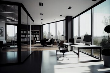 Wall Mural - modern office with open floor plan and glass walls for clear view of the outside, created with generative ai