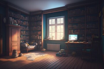 Canvas Print - empty room, filled with bookshelves and reading materials, providing the perfect place to escape from the chaos of everyday life, created with generative ai