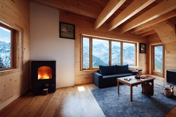 Poster - Corner room in light colors with burning fireplace and blue sofa near window., created with generative ai