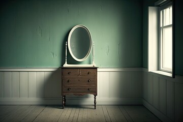 Canvas Print - empty room with vintage dresser and mirror, showcasing the beauty of simple design, created with generative ai