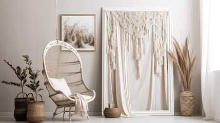 Wall Mural - Blank White Mockup frame in nomadic boho interior background with rustic decor, generative ai