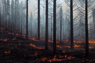 Wall Mural - Wildfire in forest caused by human deforestation landscape background. Massive smoke from bushfire disaster apocalyptic condition., created with generative ai