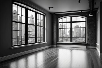 Poster - empty room with view of a bustling city, featuring large windows and open floor plan, created with generative ai