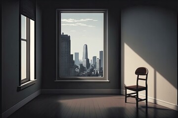 Poster - empty room, with view of busy cityscape, featuring a window and chair, created with generative ai