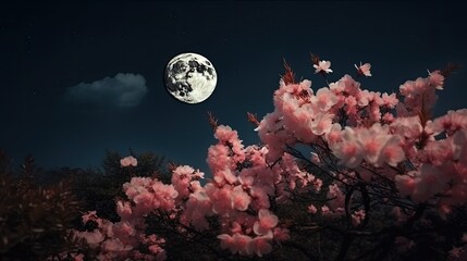 Wall Mural - Romantic night scene - Beautiful pink flower blossom in night skies with full moon. sakura flower in night, generative ai