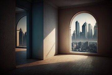 Canvas Print - empty room, with view of cityscape or skyline, providing a glimpse into the outside world, created with generative ai