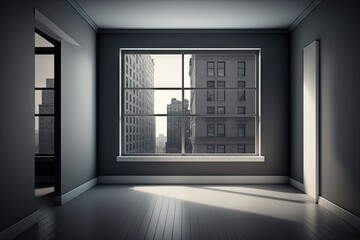 Canvas Print - empty room, with view of busy street scene in the distance, created with generative ai