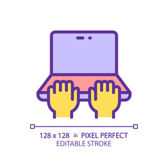 Sticker - Yellow hands with laptop RGB color icon. Person working on notebook computer. Typing on PC keyboard. Access to internet network. Isolated vector illustration. Simple filled line drawing