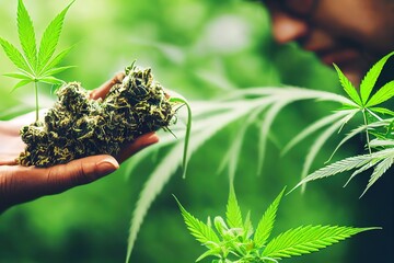 Poster - Macro shot of a marijuana bud in hand with cannabis leaves on background., created with generative ai