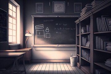 Poster - empty school classroom with bookcases and chalkboard, providing a haven of learning and creativity, created with generative ai