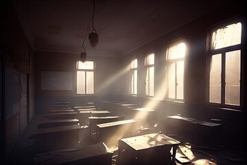 Poster - empty classroom with light streaming in through the windows and dust motes floating in the air, created with generative ai