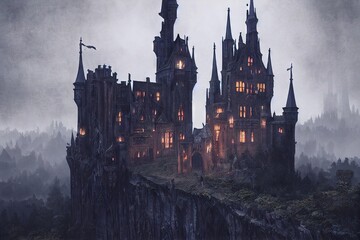 Wall Mural - Fantasy dark castle with creepy towers at night as scary fairy tale digital illustration., created with generative ai