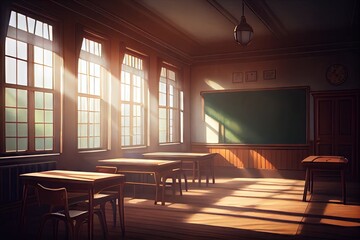 Canvas Print - empty classroom with sunlight shining through the windows, creating a warm and inviting space, created with generative ai