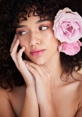 Wall Mural - beauty, flowers and face of woman with makeup, cosmetics and hair care for wellness, glamour and glo