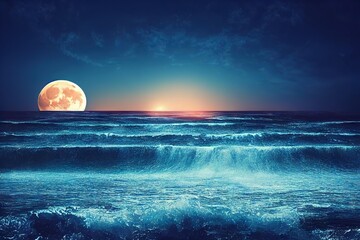 Wall Mural - bright blue wave cover with moon in background., created with generative ai