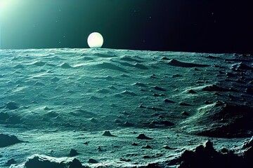 Wall Mural - bumpy surface of planet with moon in background., created with generative ai