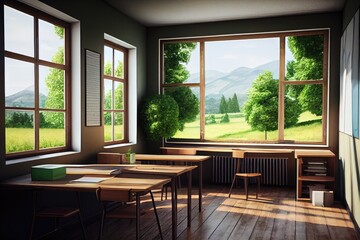 Sticker - empty school classroom with view of the outdoors and greenery, for a peaceful and tranquil setting, created with generative ai