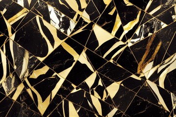 Sticker - Black marble tile pieces with gold streaks decorative pattern background digital illustration., created with generative ai