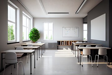 Poster - empty classroom in modern school, with clean and minimalist furniture and decor, created with generative ai