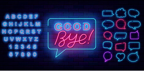 Wall Mural - Good bye neon label in think cloud with lettering. Farewell concept. Leaving text. Vector stock illustration