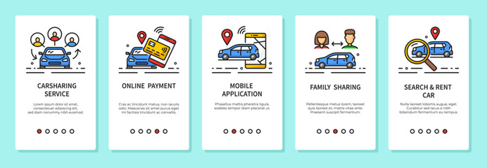 Car share service mobile app for phone, city taxi and online car ride rent, vector templates. Car sharing service and transport vehicle rental service search for transport mobile phone application