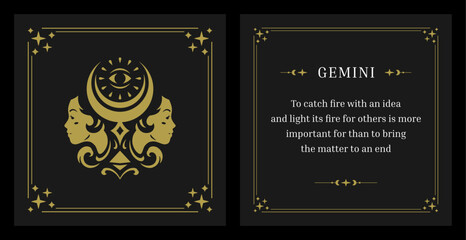 Wall Mural - gemini zodiac astrology occult lunar calendar description vintage card design template set vector